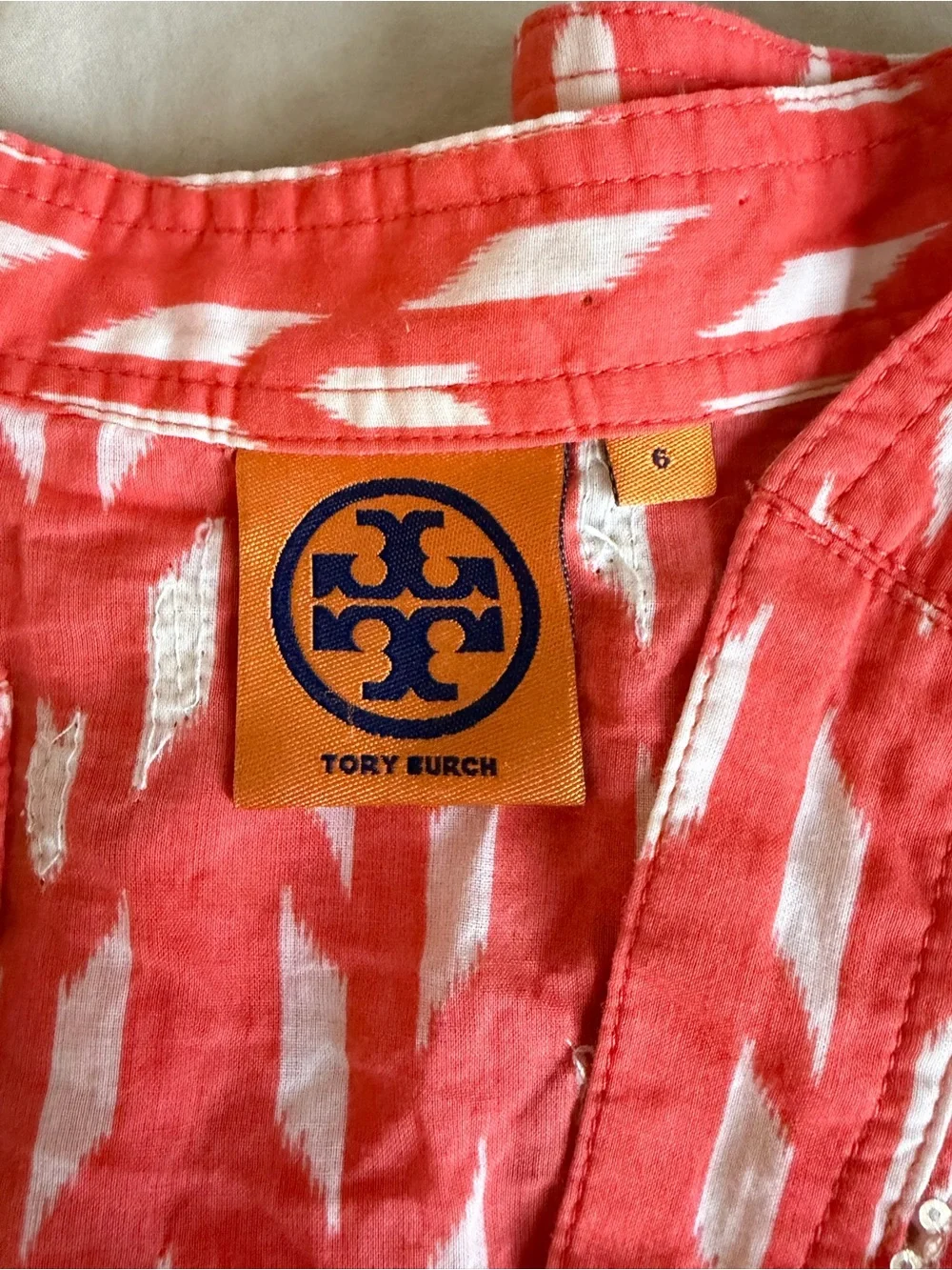 Tory Burch Coral Orange Ikat Gold Sequin Tunic Top Size 6 Long Sleeve